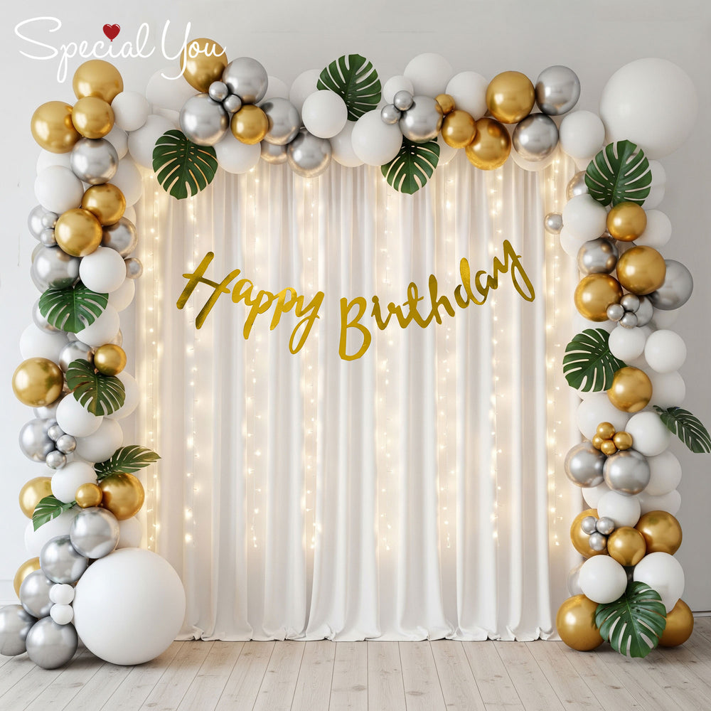 Silver White and Golden Happy Birthday Decoration Theme Set Includes Net Curtains and Fairy Lights