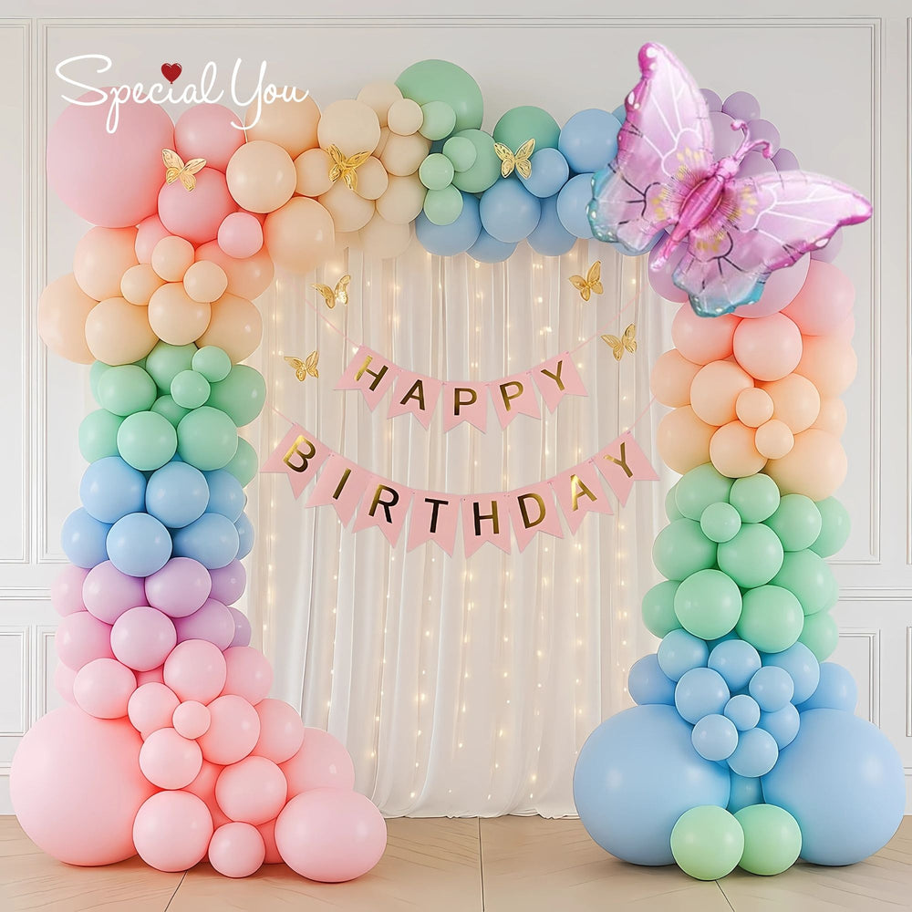 Golden 3D Butterflies Happy Birthday Decoration Theme Includes 3D Butterflies, Net Curtains and Fairy Lights