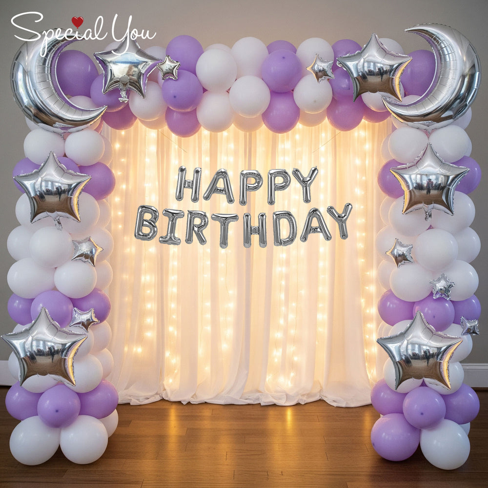 Moon and Stars Theme Happy Birthday Decoration Setup Includes Net Curtains and Fairy Lights