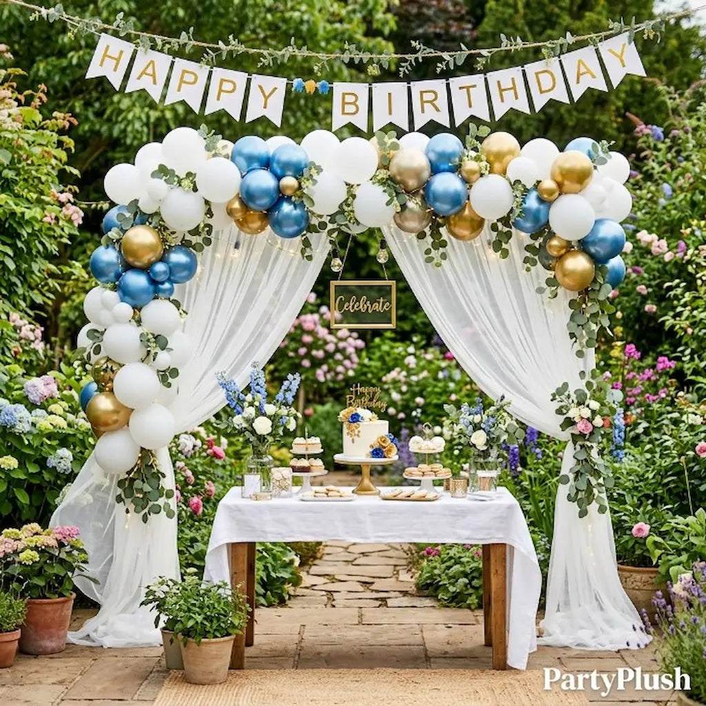 White and Blue Happy Birthday Decoration Theme Set Includes Net Curtains and Fairy Lights