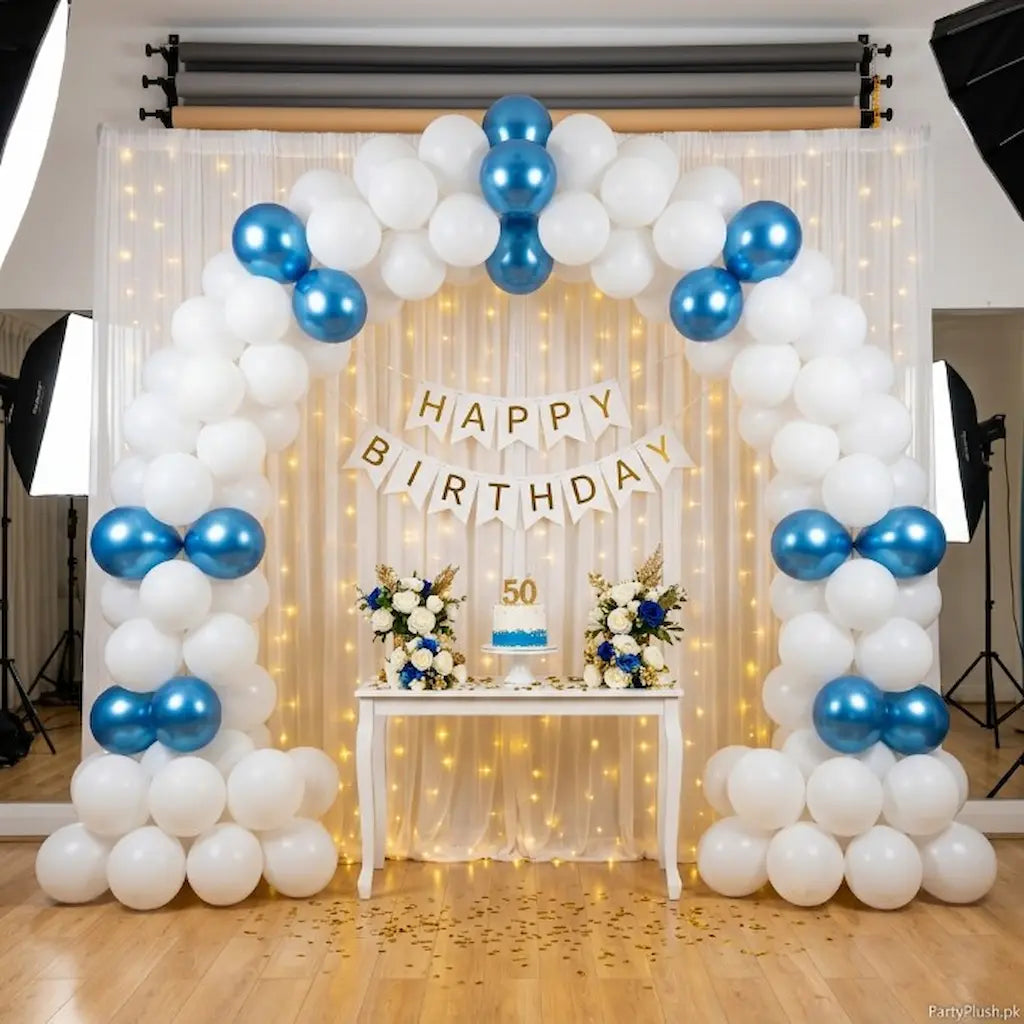 White and Blue Happy Birthday Decoration Theme Set Includes Net Curtains and Fairy Lights