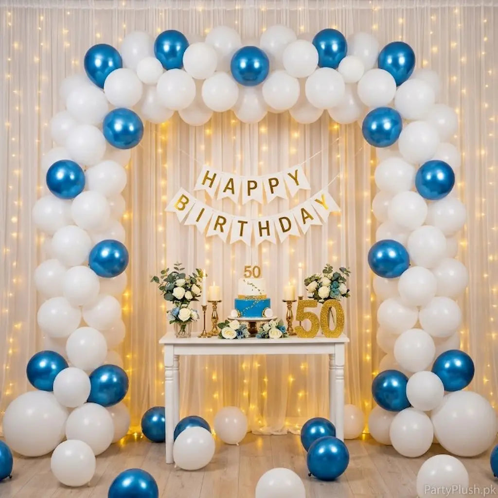 White and Blue Happy Birthday Decoration Theme Set Includes Net Curtains and Fairy Lights