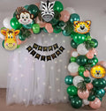 Jungle animal theme kids birthday decoration set with animal foil balloons, net curtains and fairy lights