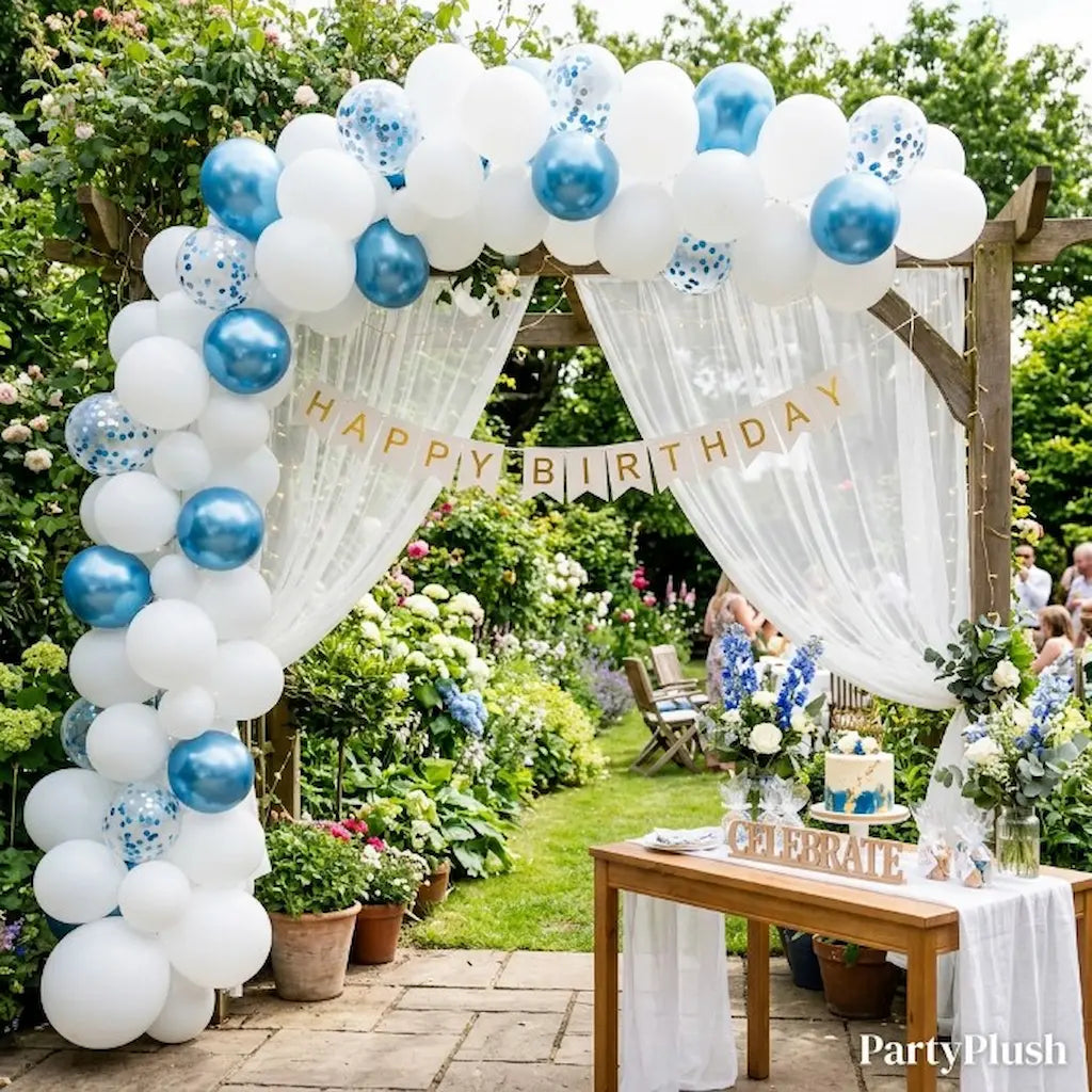 White and Blue Happy Birthday Decoration Theme Set Includes Net Curtains and Fairy Lights
