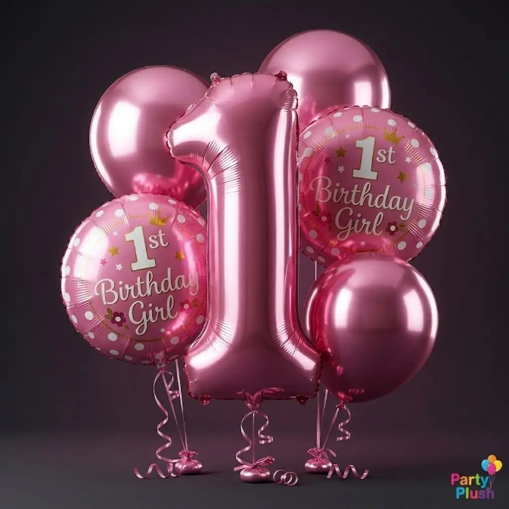 "Pink 1st Birthday Girl Foil Balloon Set – Number '1' Shape & Polka Dot Round Balloon Combo | Baby Girl Birthday Party Decoration"