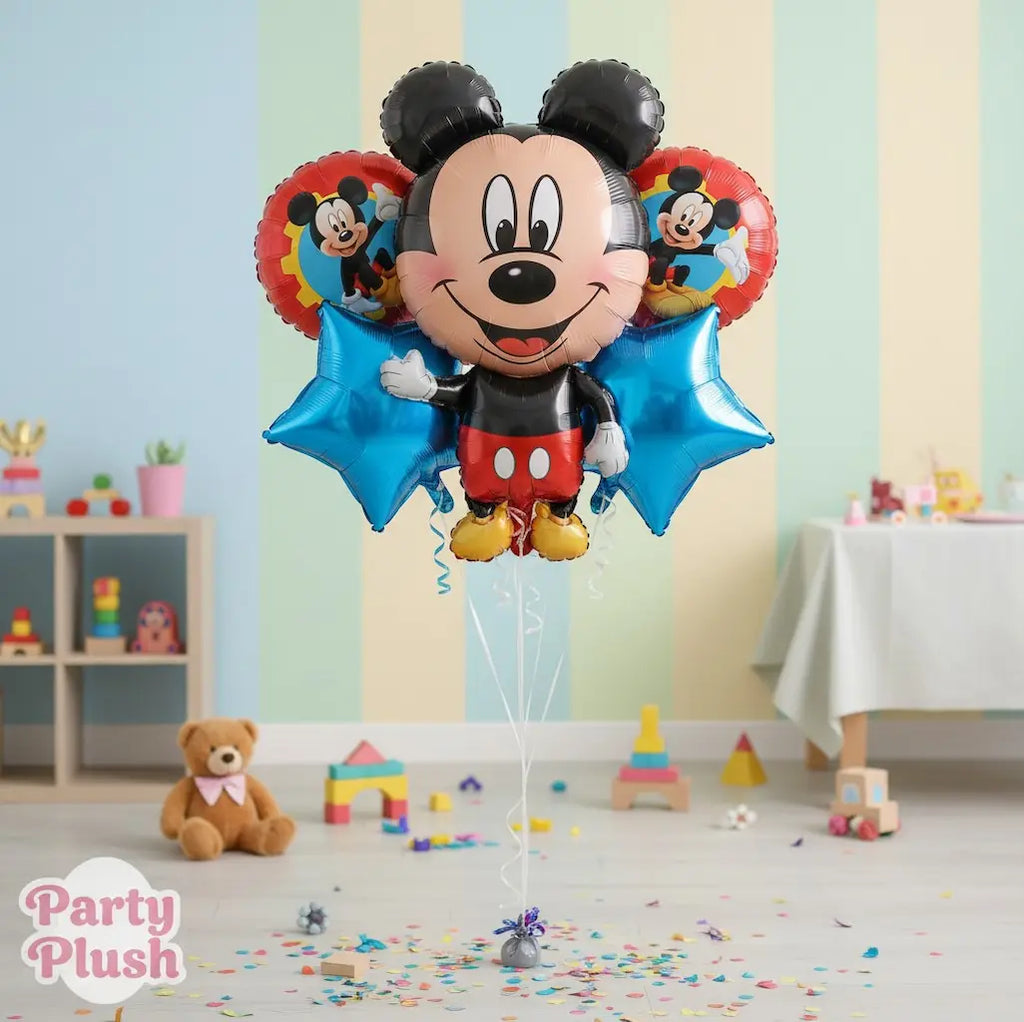 “Kids Happy Birthday Balloon Set – 5 pcs Mickey Mouse & Star Balloons | Party Plush”