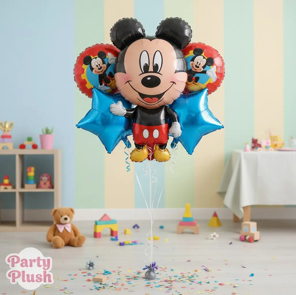 “Kids Happy Birthday Balloon Set – 5 pcs Mickey Mouse & Star Balloons | Party Plush”