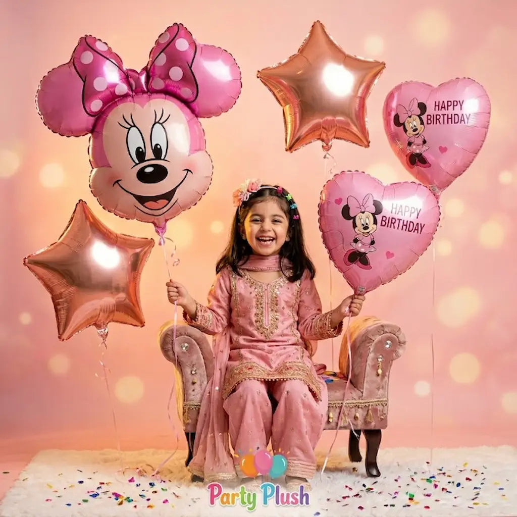 5 Pcs Minnie Mouse  Foil Balloon Set - Pink Birthday, Star & Heart Shape Balloons for Girls Birthday Party Decoration