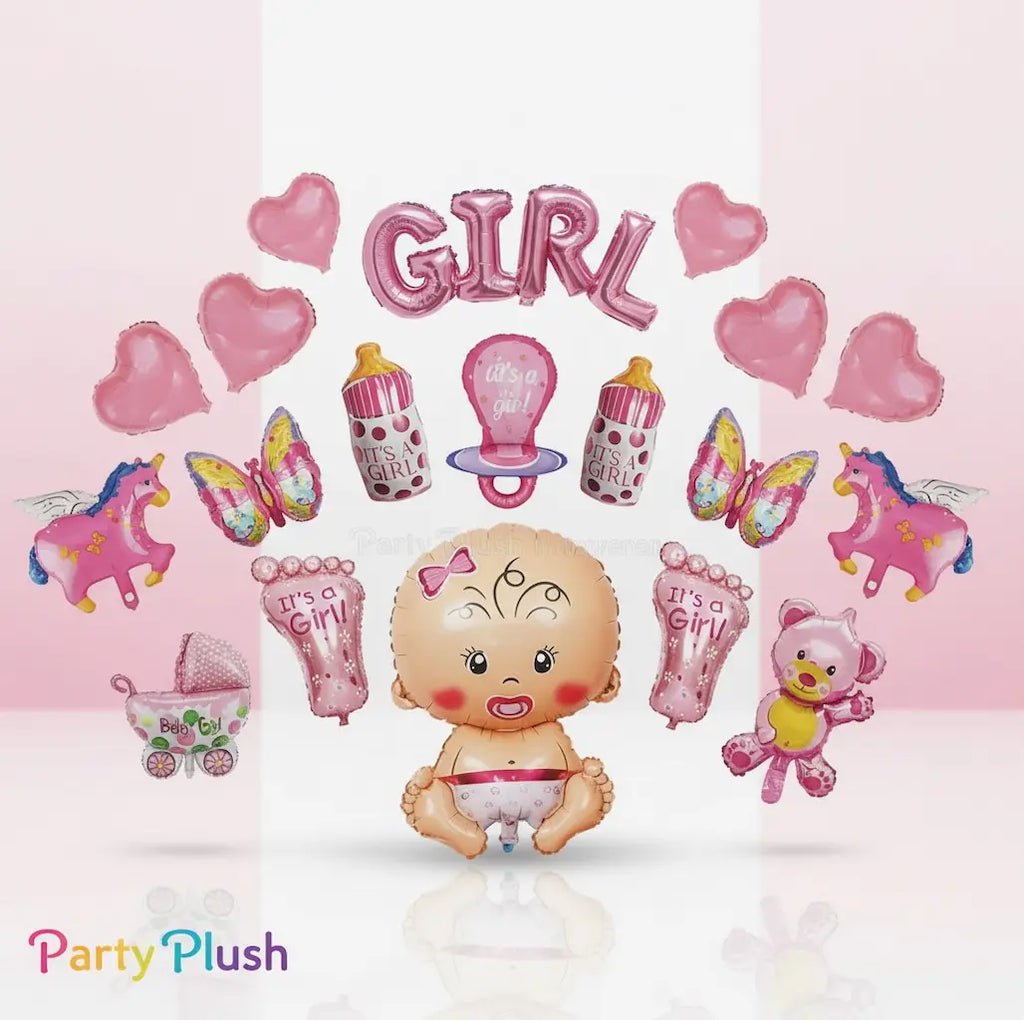 Baby Girl Foil Balloon Set 17pcs | Cute Baby Shower Decoration Balloons | Pink Theme Party Supplies