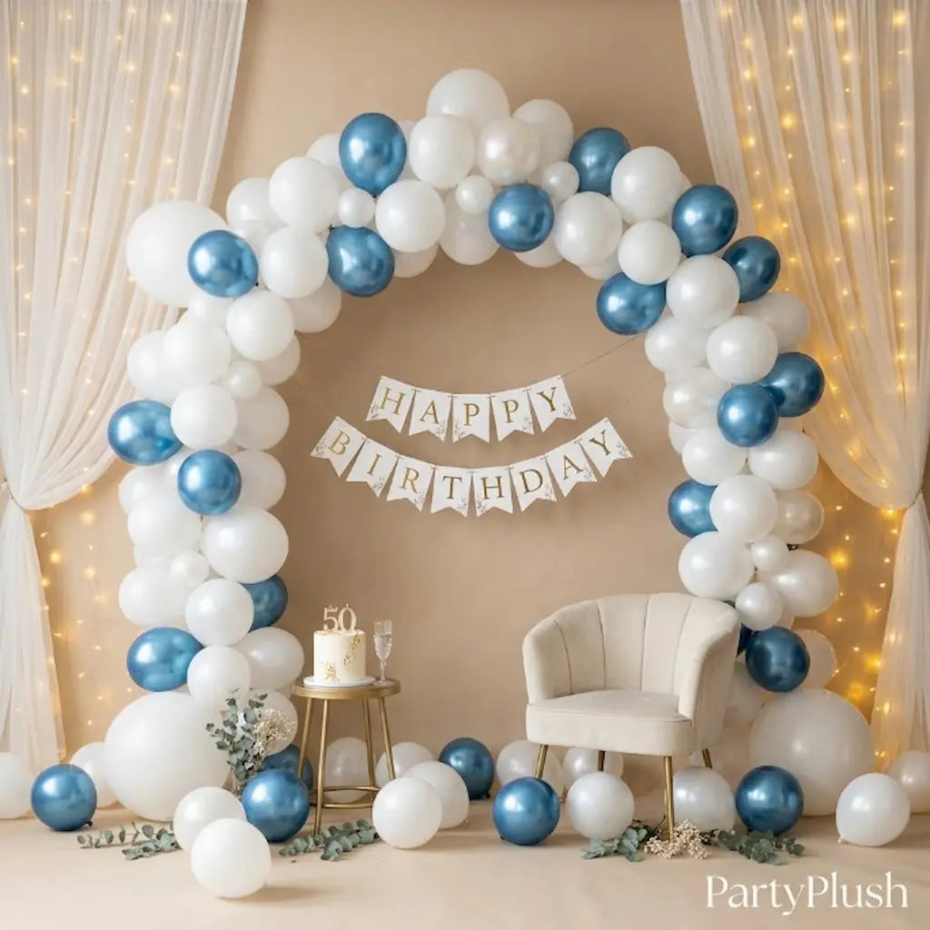 White and Blue Happy Birthday Decoration Theme Set Includes Net Curtains and Fairy Lights