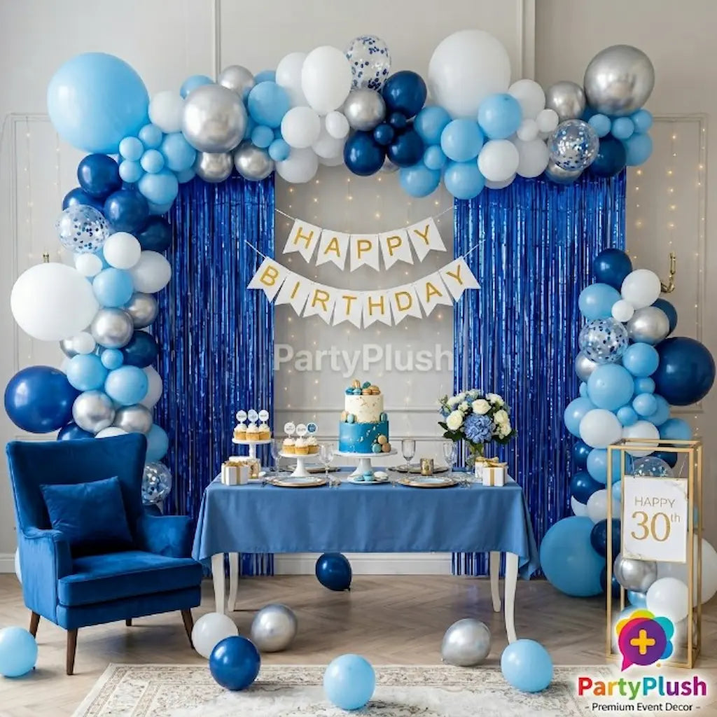 Blue & White Happy Birthday Balloon Decoration Theme | Premium Party Setup | PartyPlush