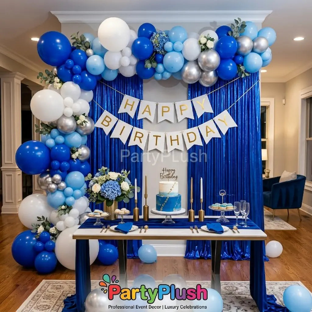 Blue & White Happy Birthday Balloon Decoration Theme | Premium Party Setup | PartyPlush