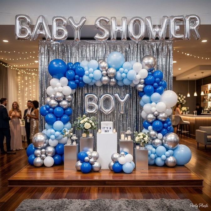 Luxury Baby Boy Shower Decoration | Royal Blue & Silver Theme Setup | Stunning Balloon Arch Ideas