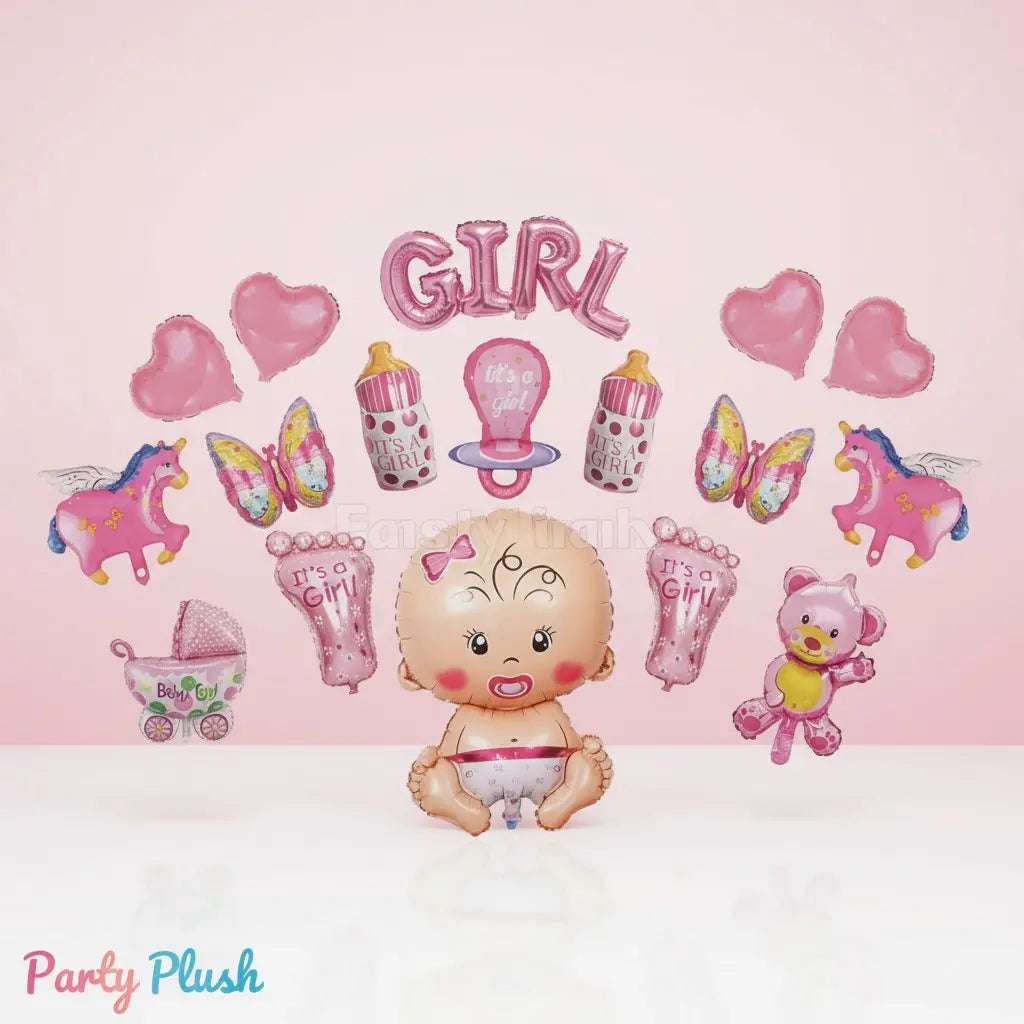 Baby Girl Foil Balloon Set 17pcs | Cute Baby Shower Decoration Balloons | Pink Theme Party Supplies