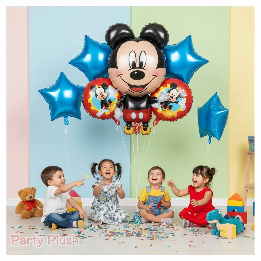 “Kids Happy Birthday Balloon Set – 5 pcs Mickey Mouse & Star Balloons | Party Plush”