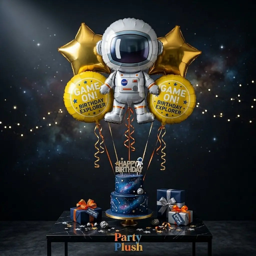 5 Pcs Astronaut Foil Balloon Set | Space Theme Character + Star + Round Balloons | Birthday Party Decoration Pakistan