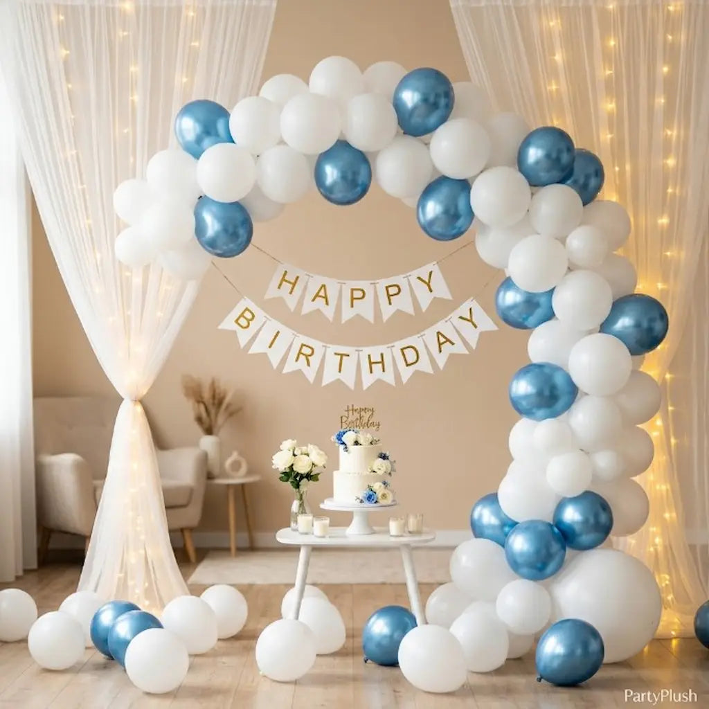 White and Blue Happy Birthday Decoration Theme Set Includes Net Curtains and Fairy Lights