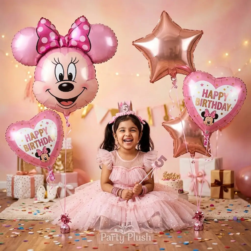 5 Pcs Minnie Mouse  Foil Balloon Set - Pink Birthday, Star & Heart Shape Balloons for Girls Birthday Party Decoration
