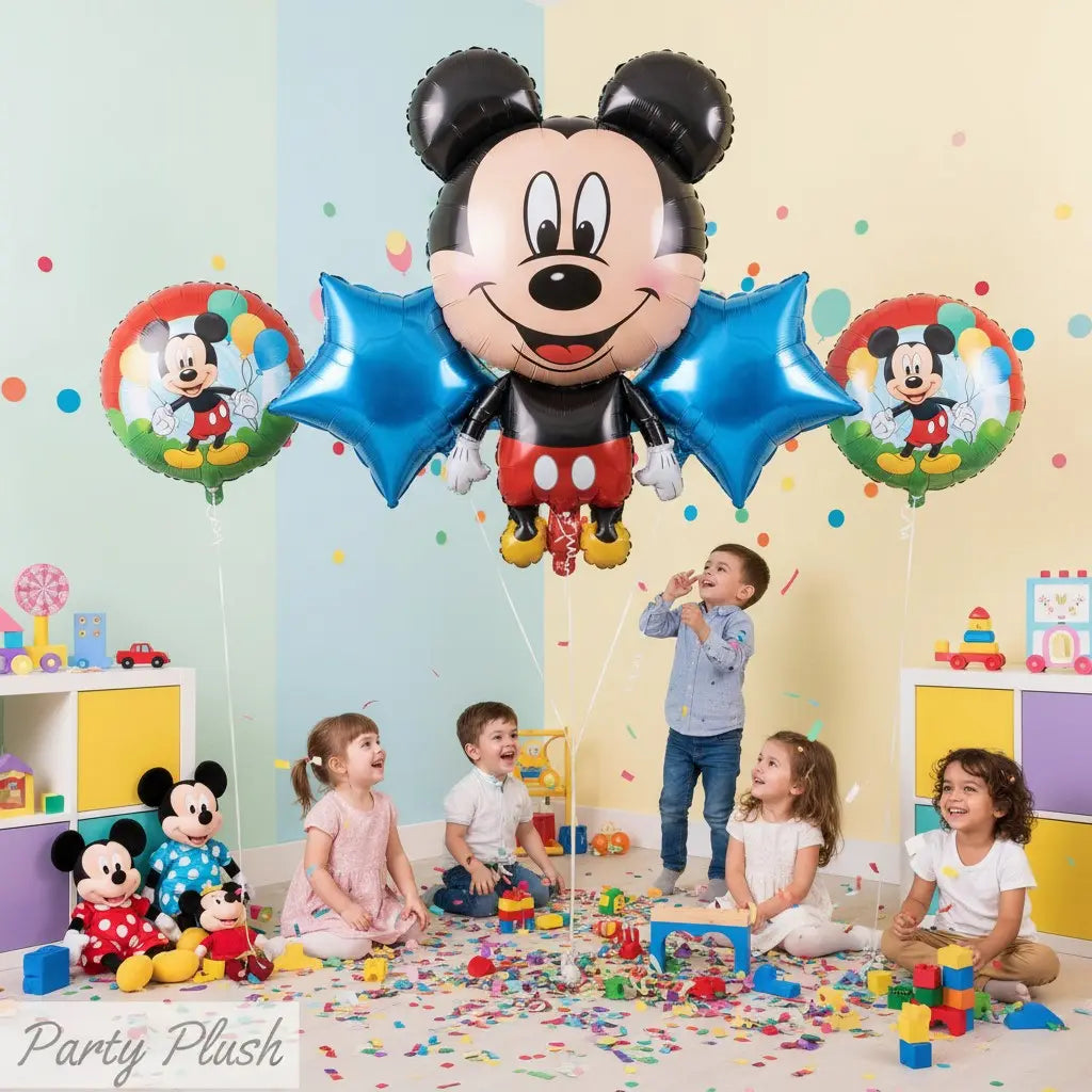 “Kids Happy Birthday Balloon Set – 5 pcs Mickey Mouse & Star Balloons | Party Plush”