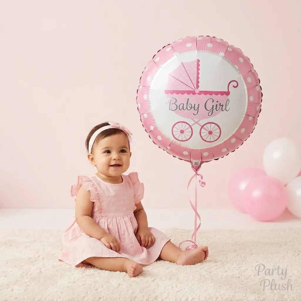 "Baby Girl Balloon Set of 5 – Heart, Pram & Polka Dot Carriage Foil Balloons | Baby Shower & Welcome Baby Girl Party Decoration"
