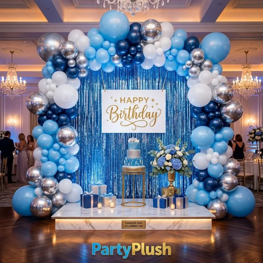 Blue & White Happy Birthday Balloon Decoration Theme | Premium Party Setup | PartyPlush