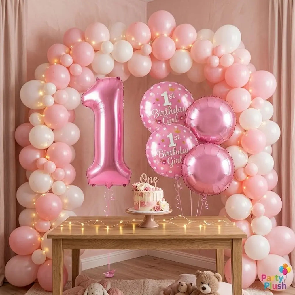 "Pink 1st Birthday Girl Foil Balloon Set – Number '1' Shape & Polka Dot Round Balloon Combo | Baby Girl Birthday Party Decoration"
