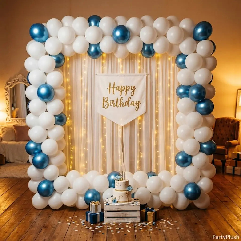 White and Blue Happy Birthday Decoration Theme Set Includes Net Curtains and Fairy Lights