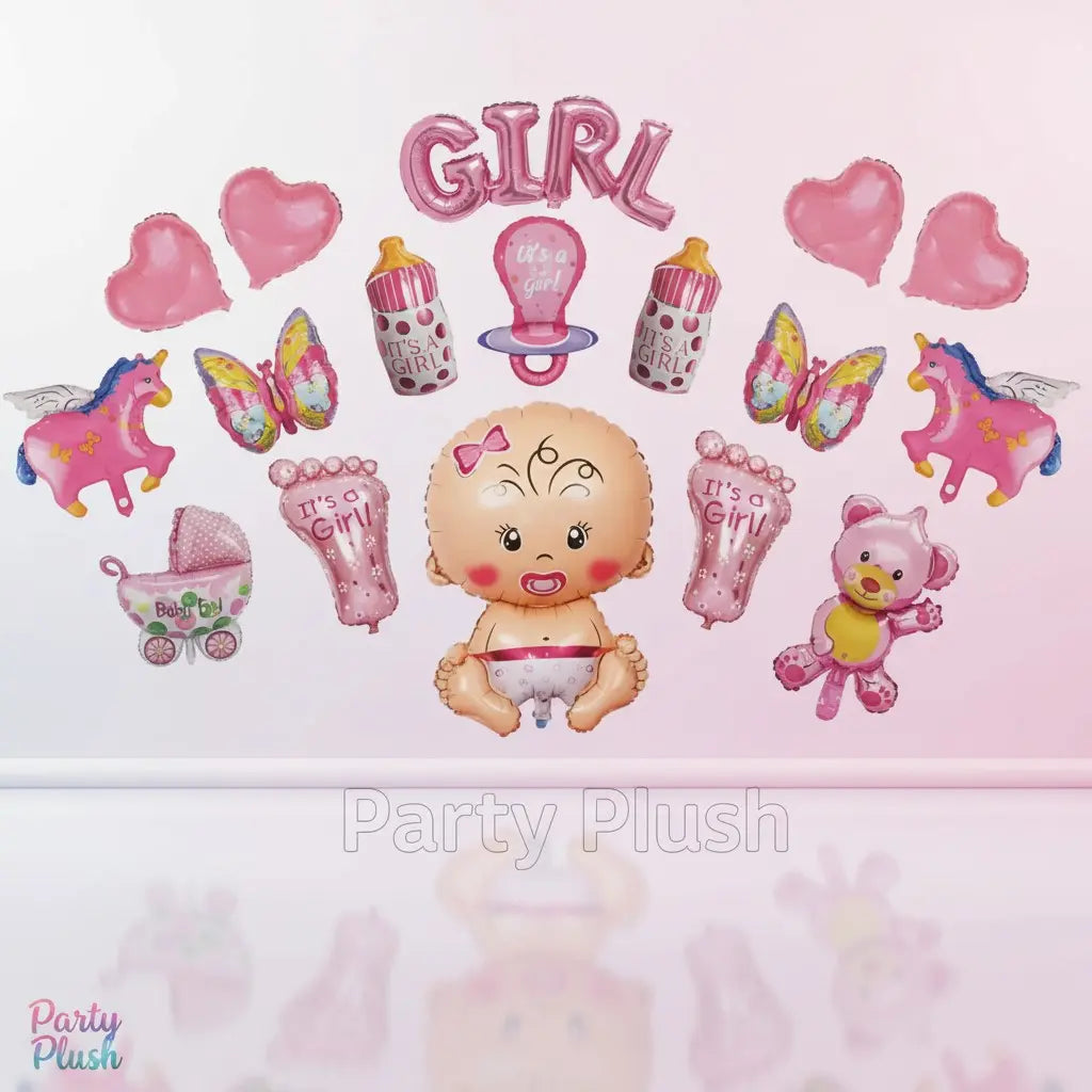 Baby Girl Foil Balloon Set 17pcs | Cute Baby Shower Decoration Balloons | Pink Theme Party Supplies