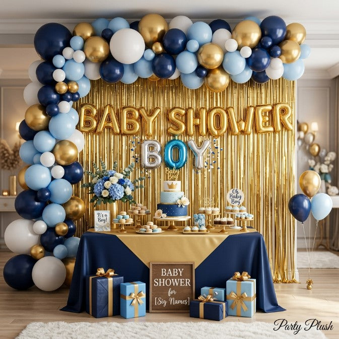 Golden Baby Boy Shower Decoration Ideas | Luxury Prince Theme Balloon Setup | Event Styling
