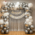 Stars theme silver and white birthday decoration set with foil curtains, star balloons and metallic balloons