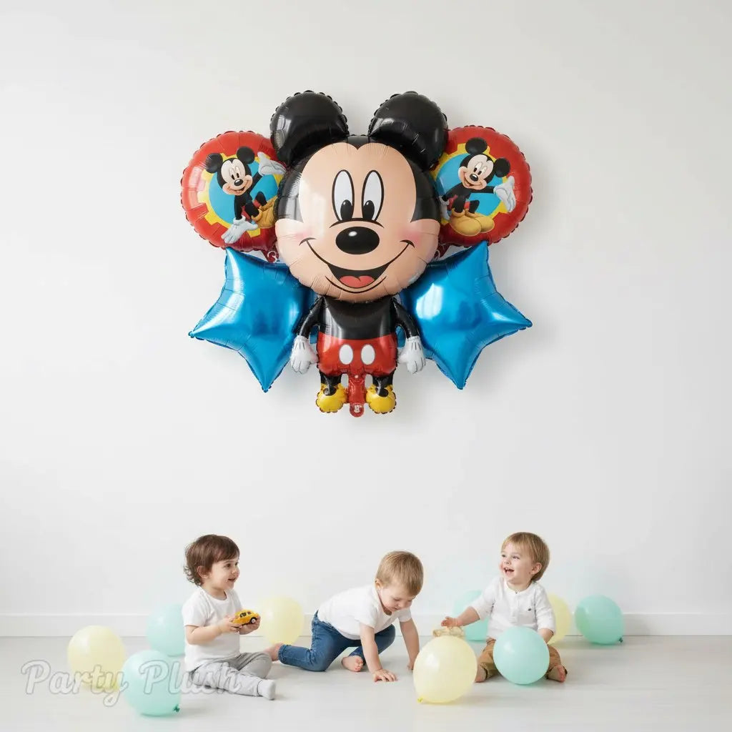 “Kids Happy Birthday Balloon Set – 5 pcs Mickey Mouse & Star Balloons | Party Plush”