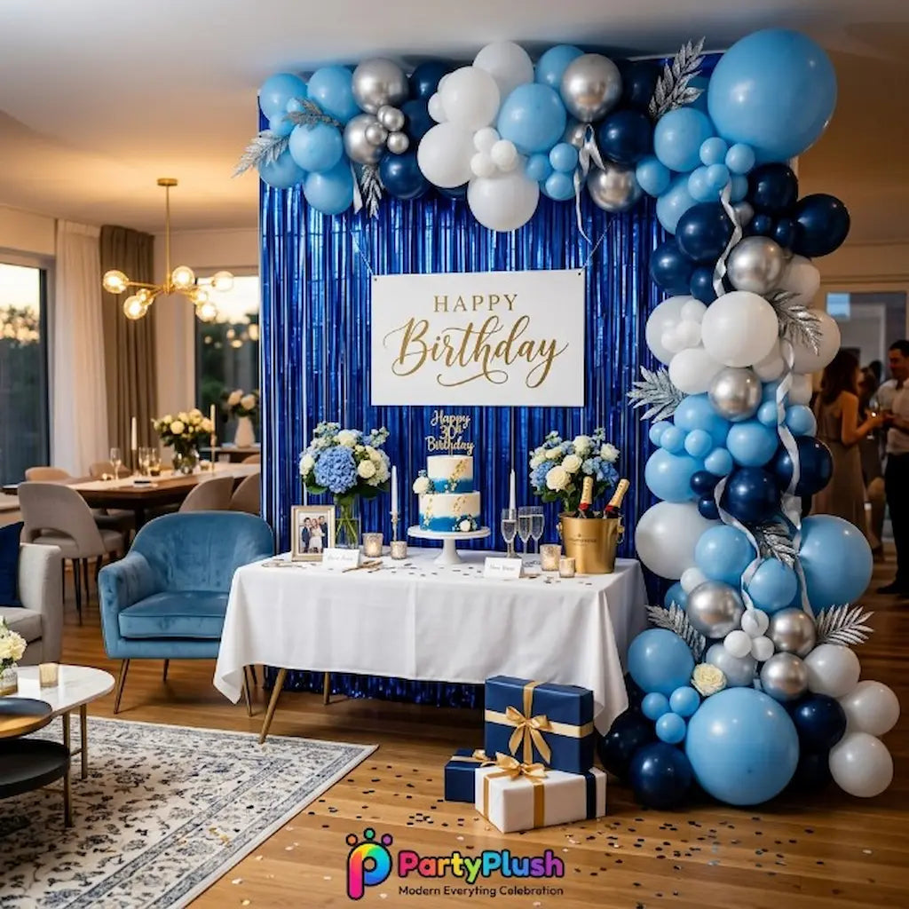 Blue & White Happy Birthday Balloon Decoration Theme | Premium Party Setup | PartyPlush