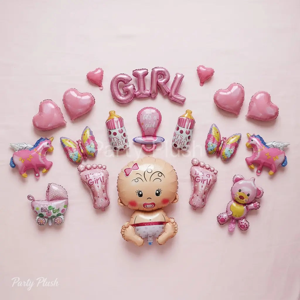 Baby Girl Foil Balloon Set 17pcs | Cute Baby Shower Decoration Balloons | Pink Theme Party Supplies