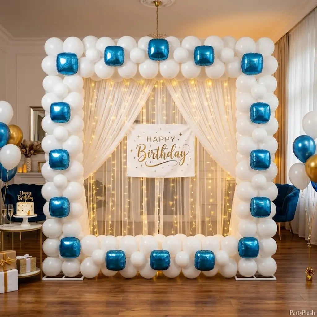 White and Blue Happy Birthday Decoration Theme Set Includes Net Curtains and Fairy Lights