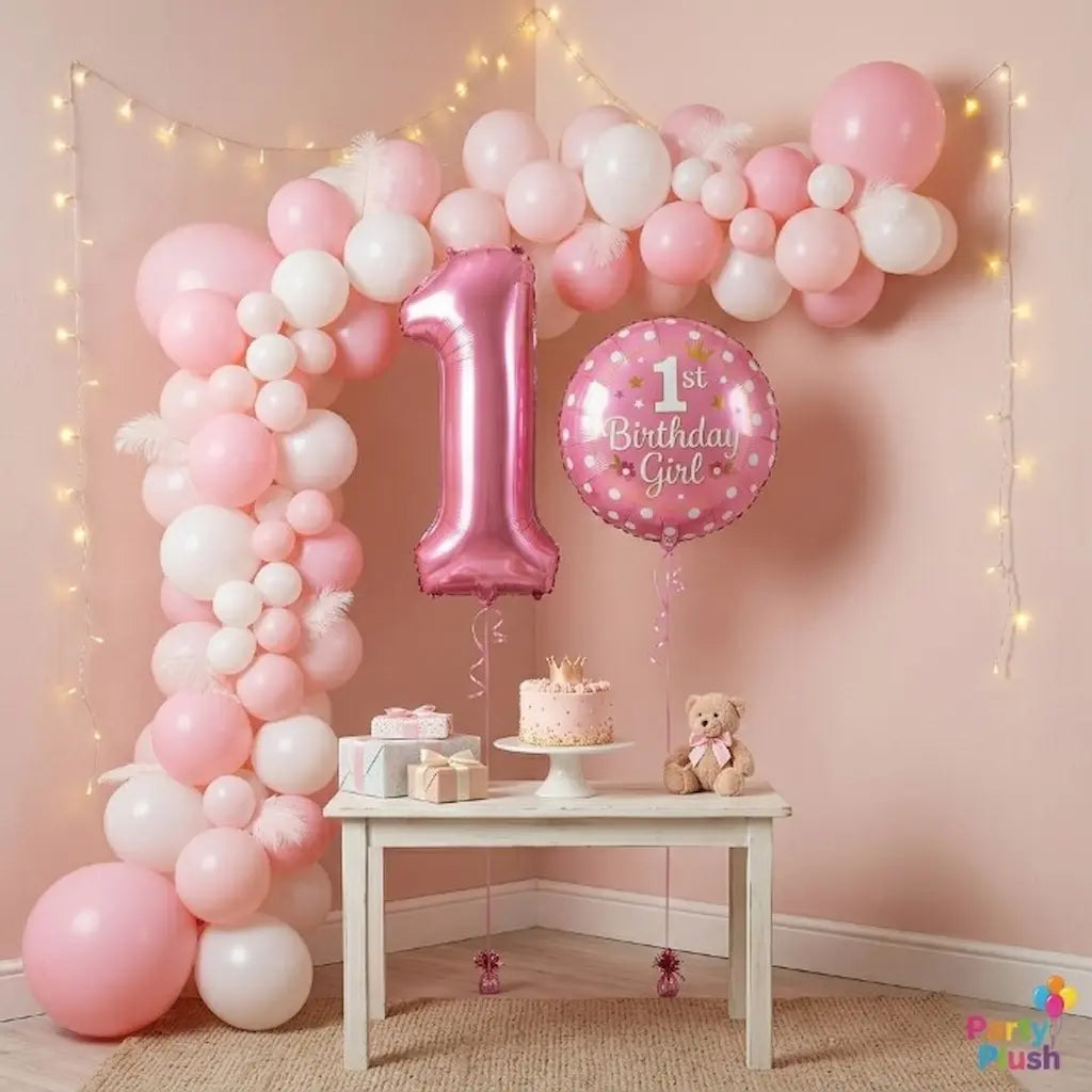 "Pink 1st Birthday Girl Foil Balloon Set – Number '1' Shape & Polka Dot Round Balloon Combo | Baby Girl Birthday Party Decoration"
