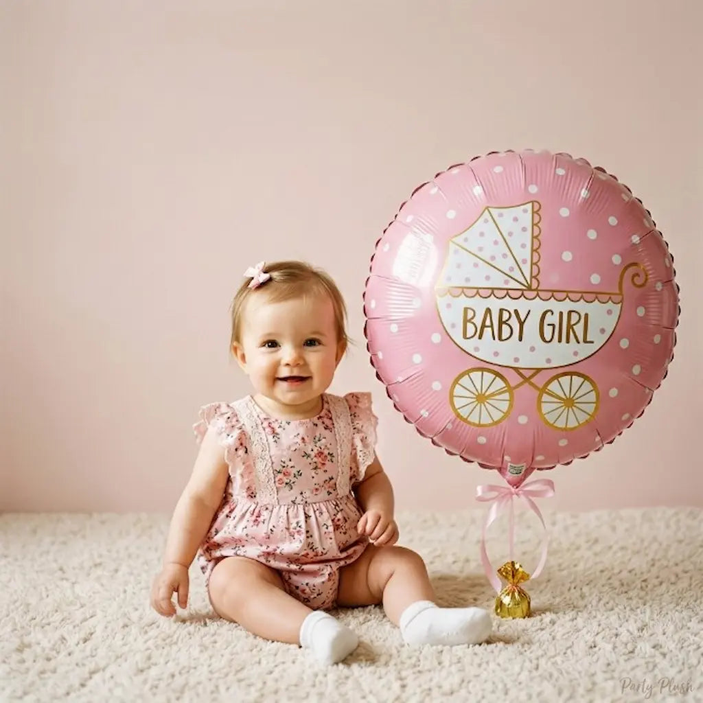 "Baby Girl Balloon Set of 5 – Heart, Pram & Polka Dot Carriage Foil Balloons | Baby Shower & Welcome Baby Girl Party Decoration"