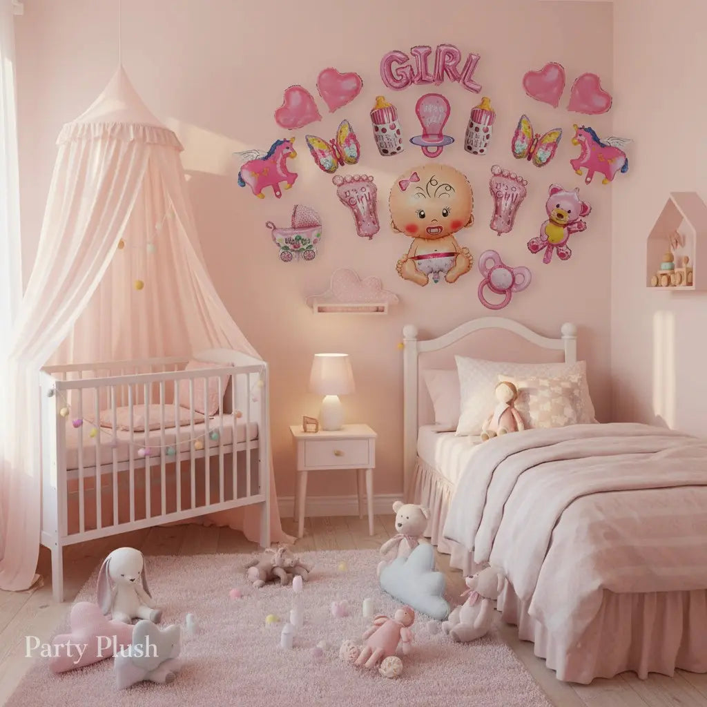 Baby Girl Foil Balloon Set 17pcs | Cute Baby Shower Decoration Balloons | Pink Theme Party Supplies