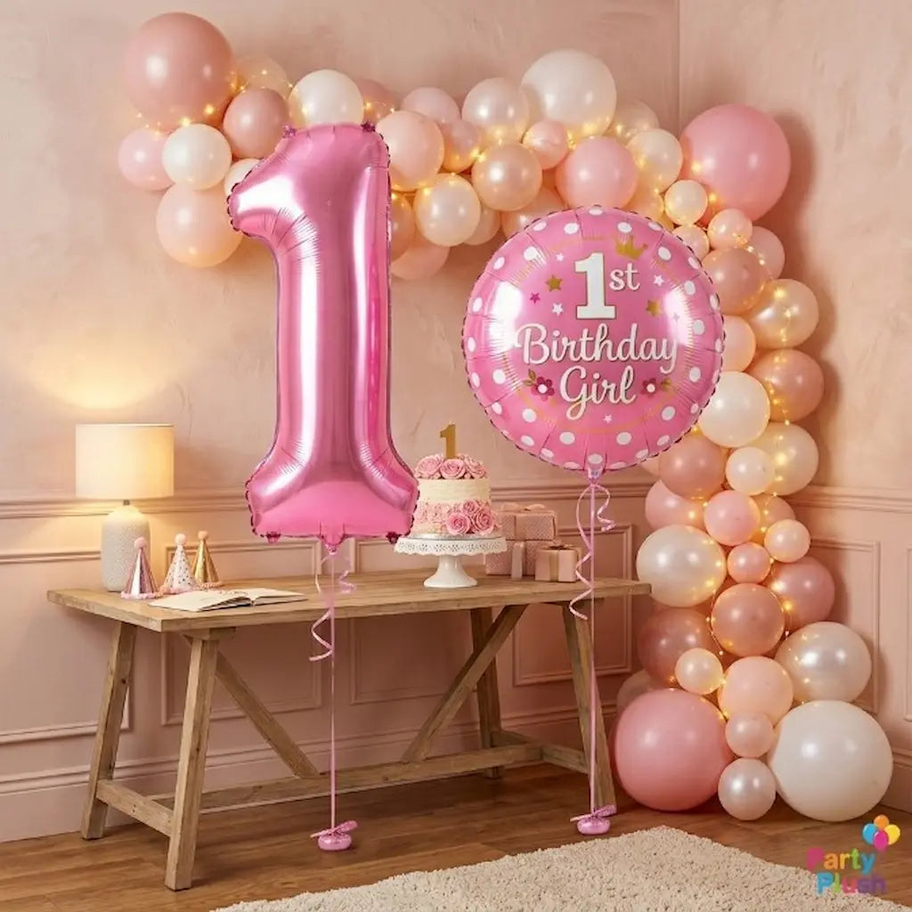 "Pink 1st Birthday Girl Foil Balloon Set – Number '1' Shape & Polka Dot Round Balloon Combo | Baby Girl Birthday Party Decoration"