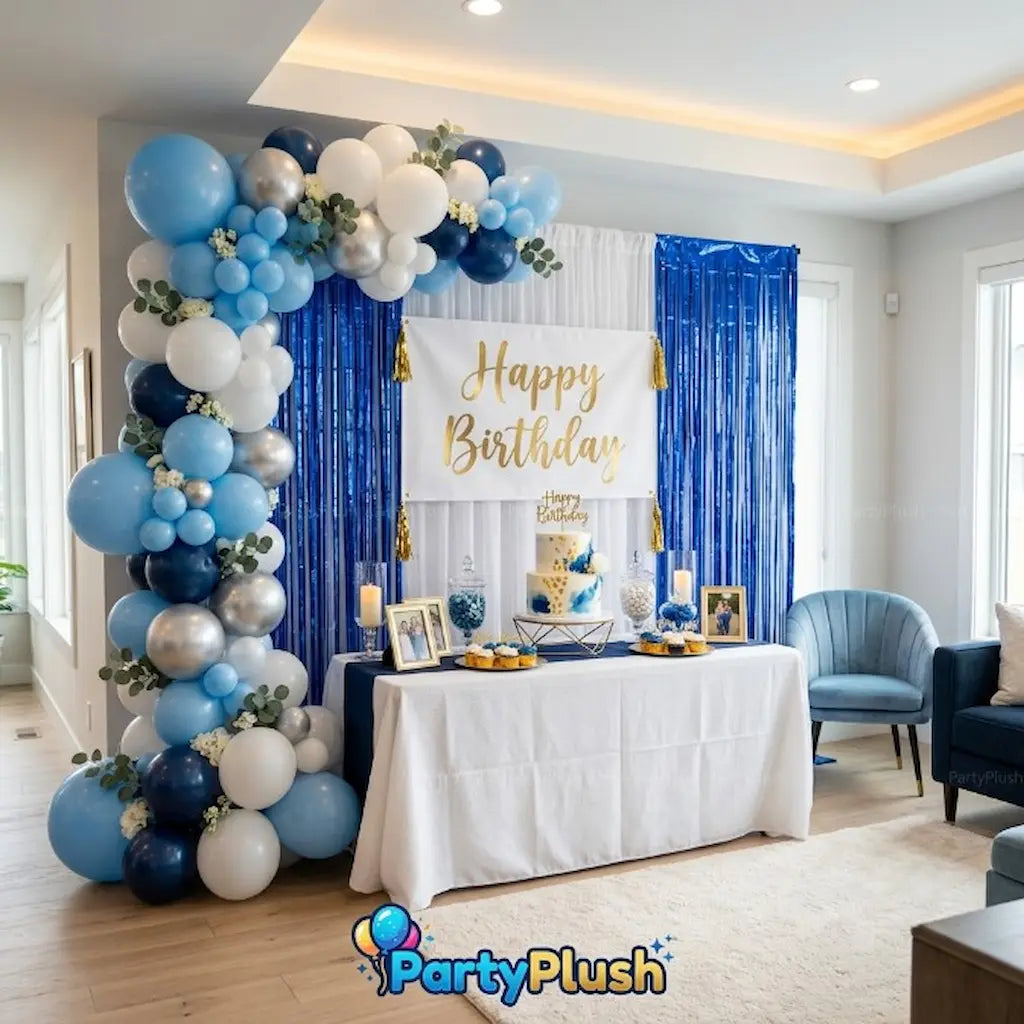 Blue & White Happy Birthday Balloon Decoration Theme | Premium Party Setup | PartyPlush