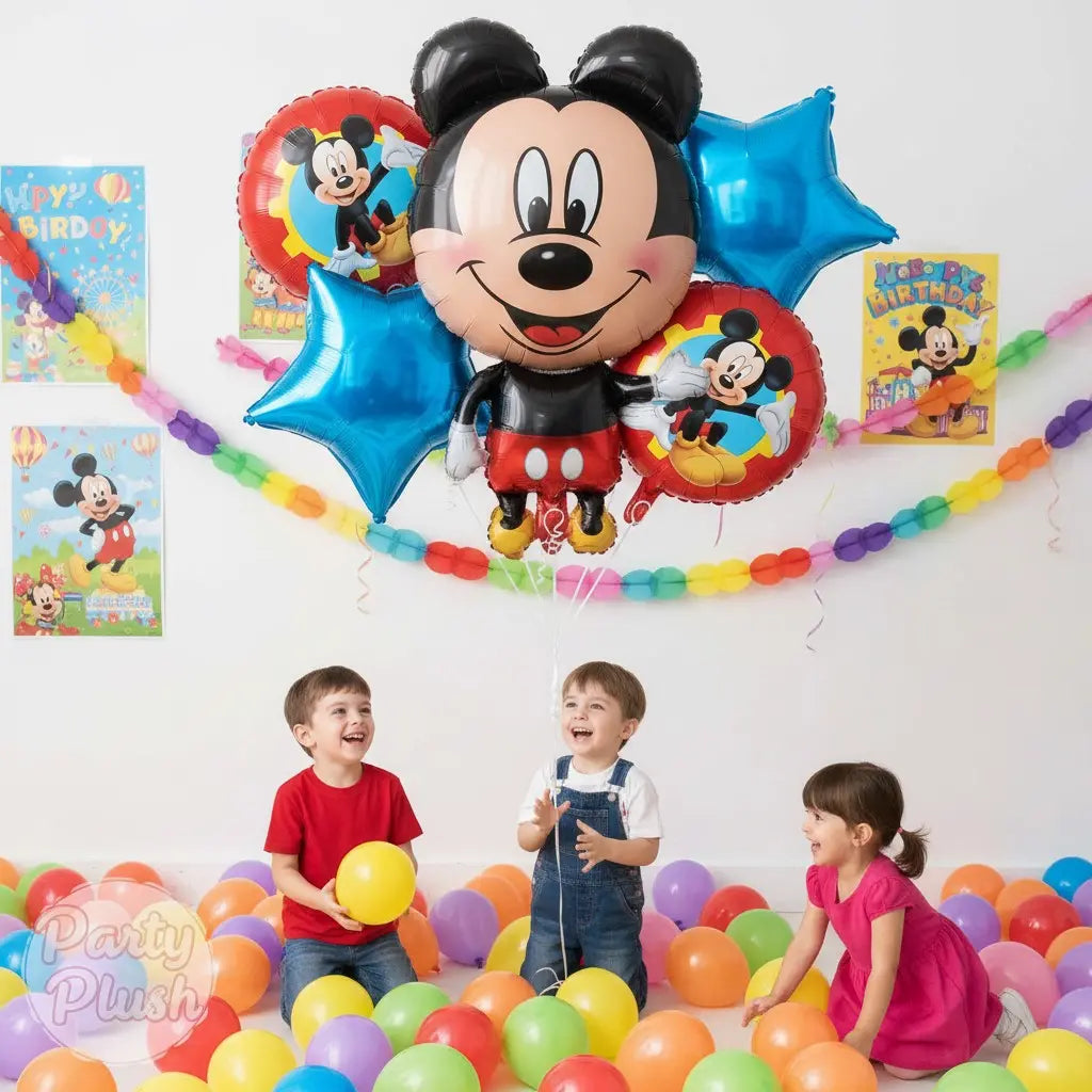 “Kids Happy Birthday Balloon Set – 5 pcs Mickey Mouse & Star Balloons | Party Plush”