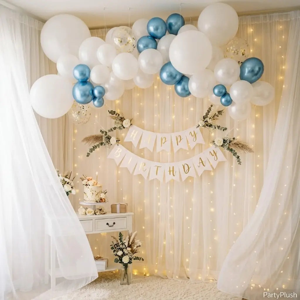 White and Blue Happy Birthday Decoration Theme Set Includes Net Curtains and Fairy Lights