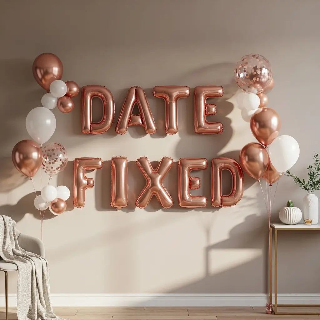 Date Fixed Balloon Decoration – Rose Gold & Silver Inflated Letters