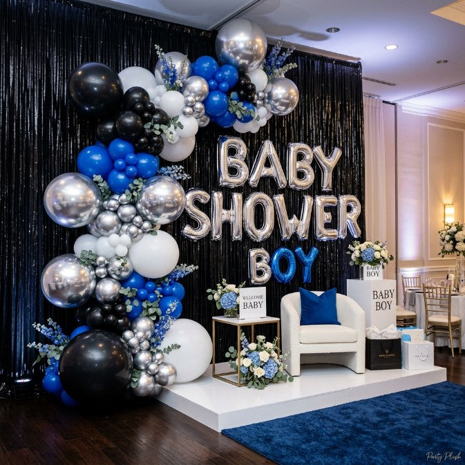 Modern Baby Boy Shower Decoration | Black & Blue Luxury Theme | Balloon Arch Setup Ideas