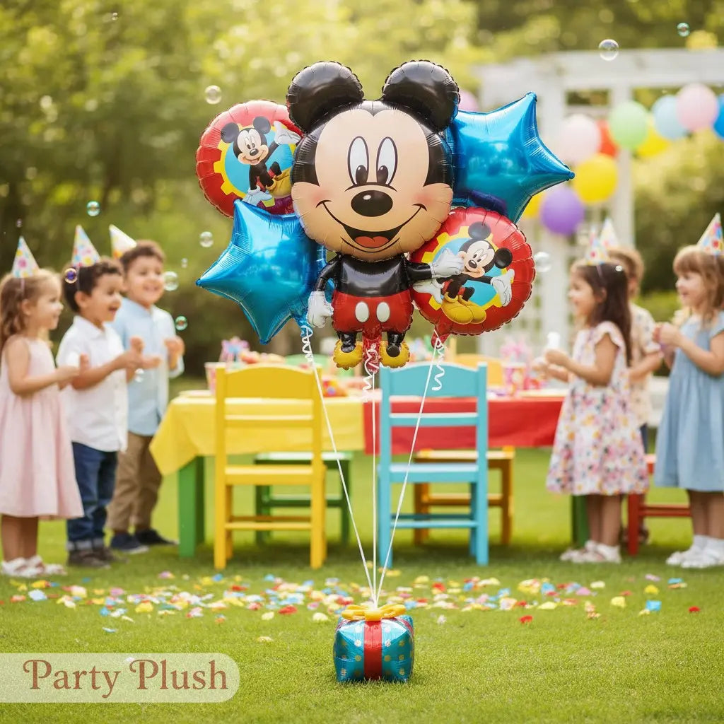 “Kids Happy Birthday Balloon Set – 5 pcs Mickey Mouse & Star Balloons | Party Plush”