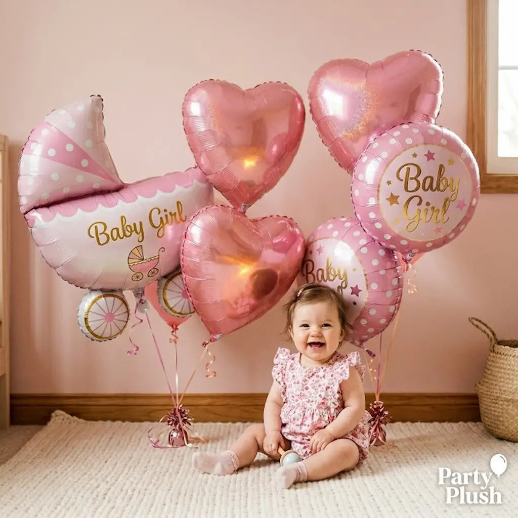 "Baby Girl Balloon Set of 5 – Heart, Pram & Polka Dot Carriage Foil Balloons | Baby Shower & Welcome Baby Girl Party Decoration"