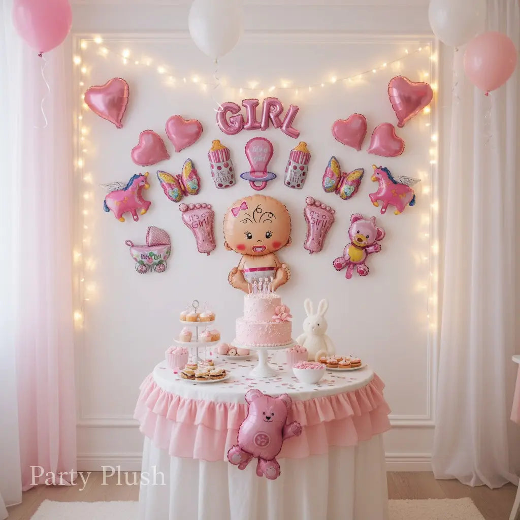 Baby Girl Foil Balloon Set 17pcs | Cute Baby Shower Decoration Balloons | Pink Theme Party Supplies