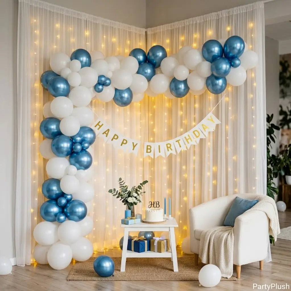 White and Blue Happy Birthday Decoration Theme Set Includes Net Curtains and Fairy Lights