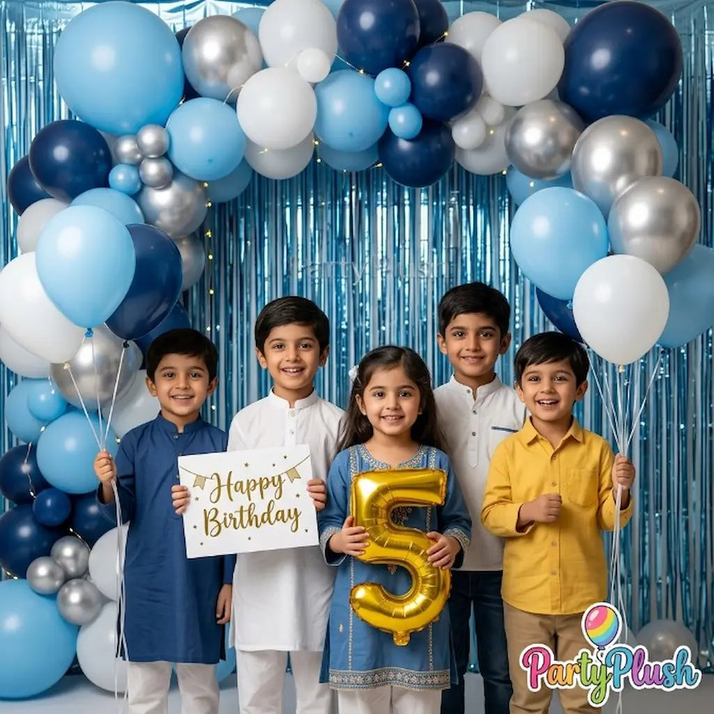Blue & White Happy Birthday Balloon Decoration Theme | Premium Party Setup | PartyPlush