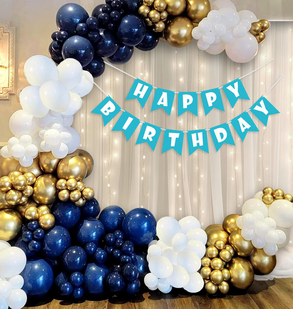 Blue Gold and White Happy Birthday Decoration Theme Set Includes Net Curtains and Fairy Lights