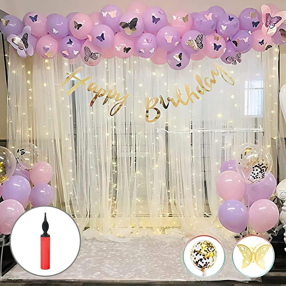 Colorful 3D Butterflies Happy Birthday Decoration Theme Set With Net Curtains and Fairy Lights | Purple and Pink